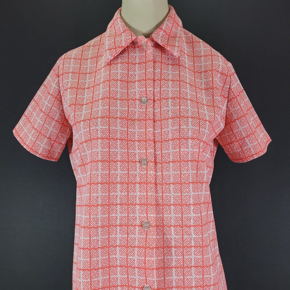 60s/70s Mod Grid Print Short Sleeve Button Up Top - image 2